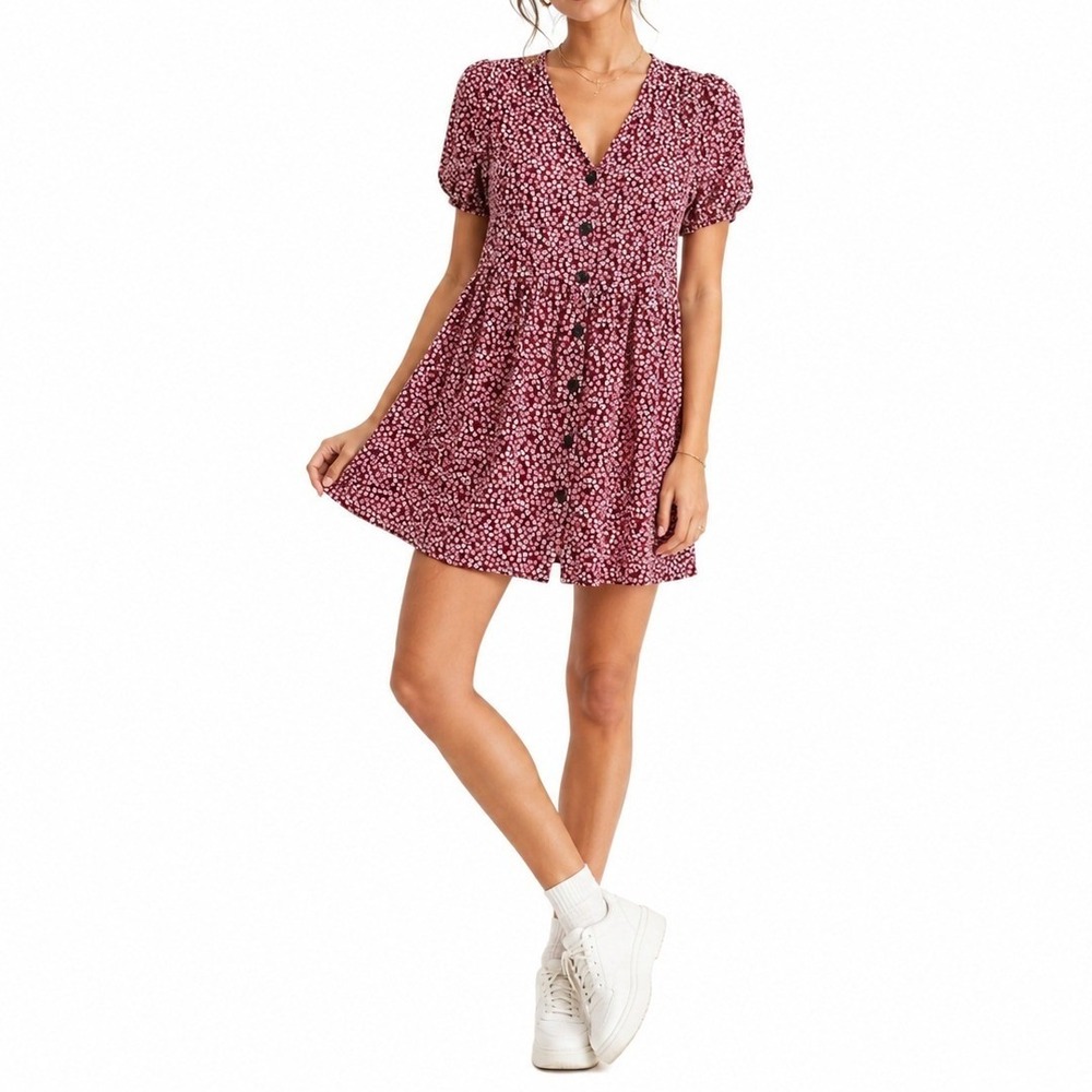 Primark Floral Babydoll Dress Women 14 Burgundy Ditsy Boho Button Mini Festival